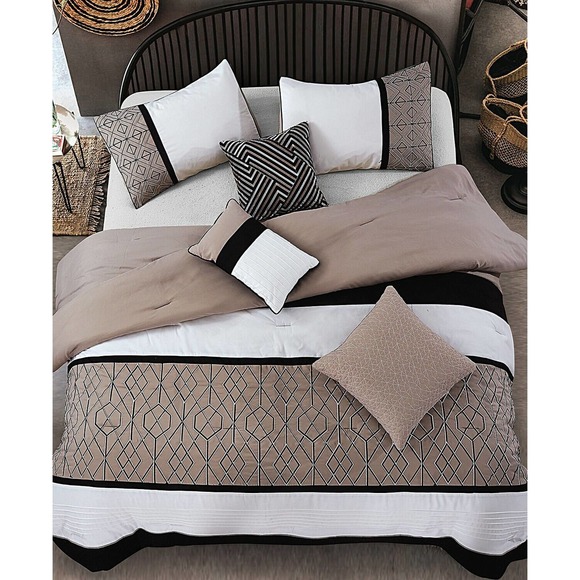 Hallmart Collectibles Sergio Geometric 7-Pc. Comforter Set - FULL - Taupe Multi - Picture 1 of 8